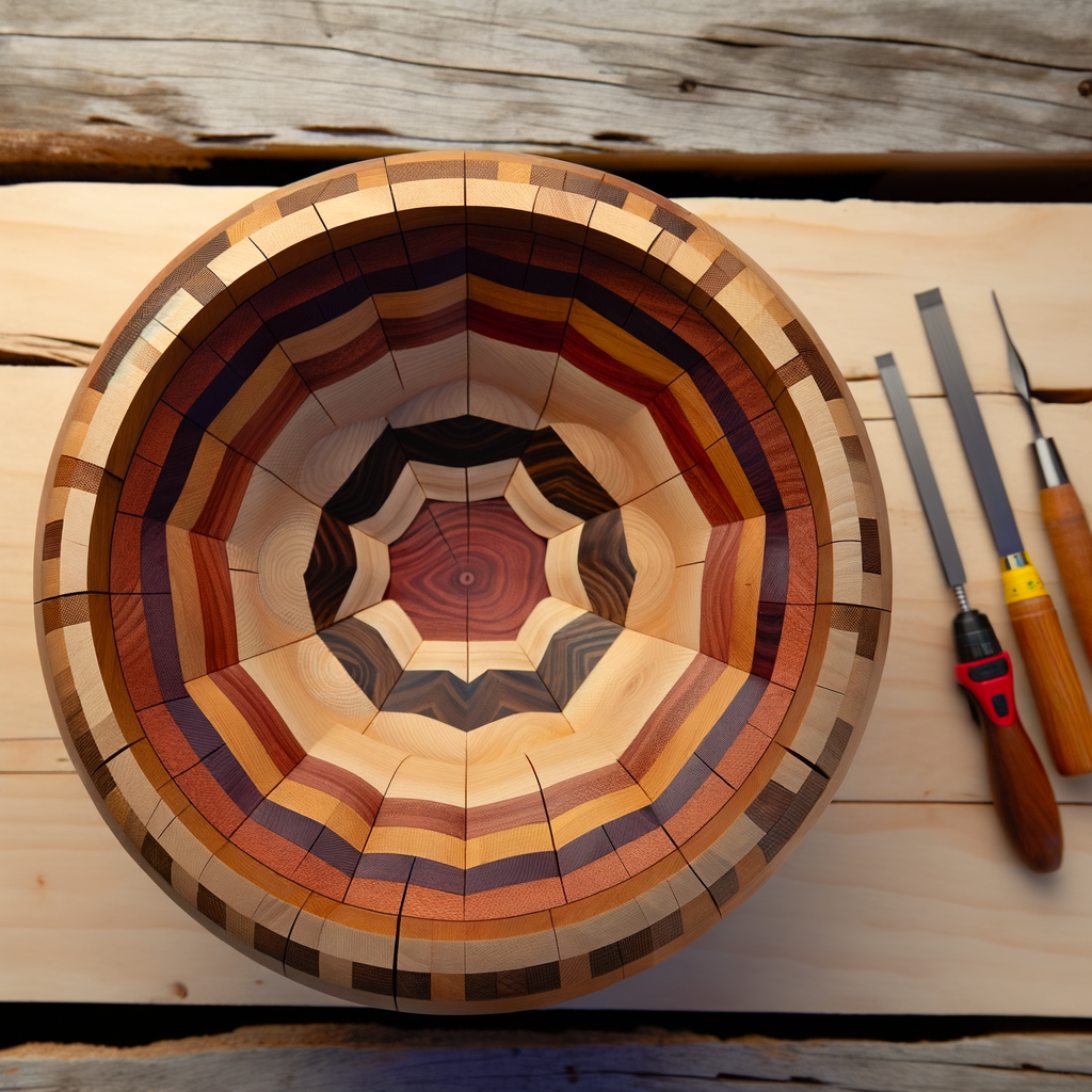 A finished segmented bowl viewed from above showing concentric wood ring patterns