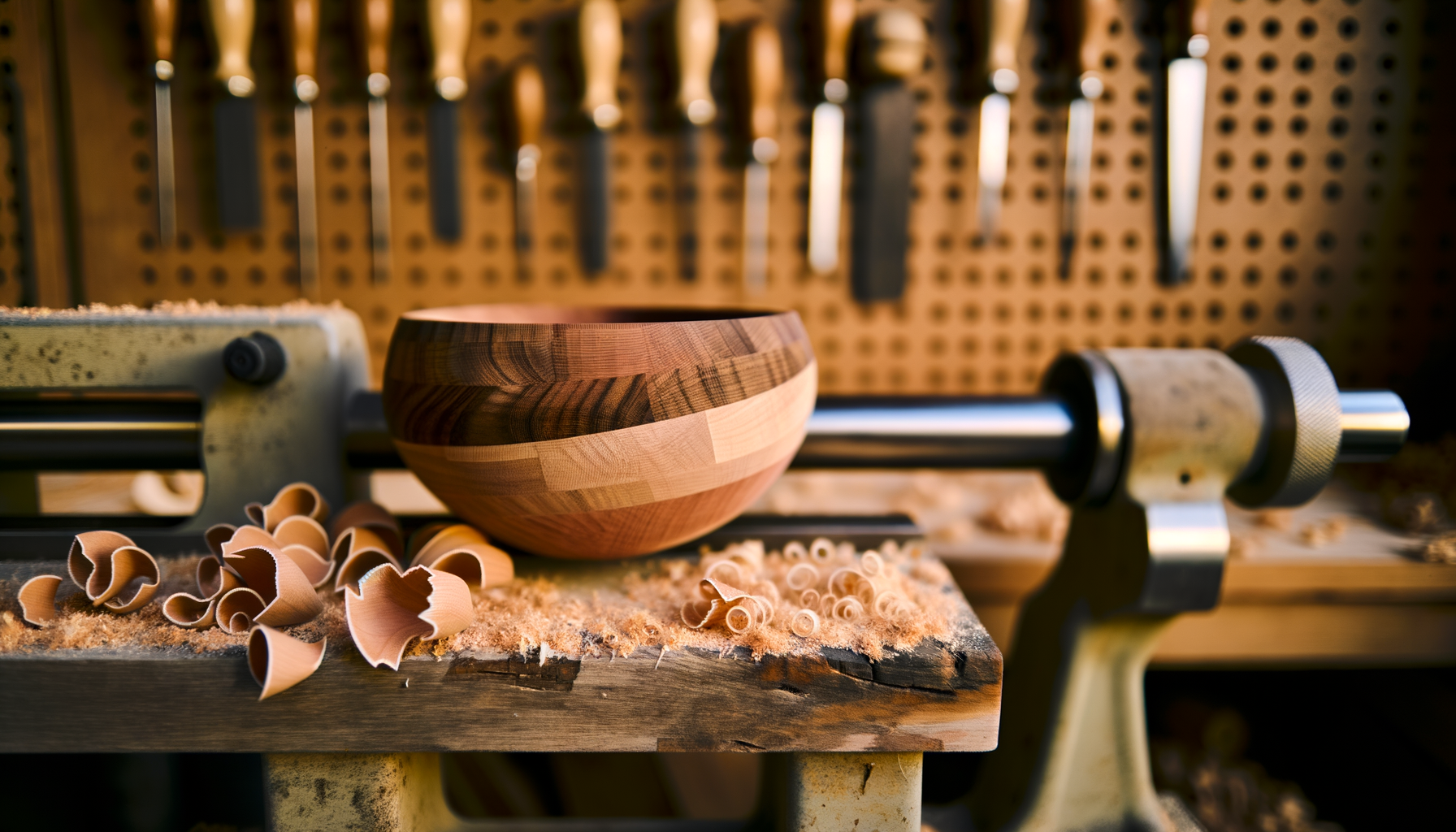 A segmented bowl mid-turn on a lathe with shavings on the bench
